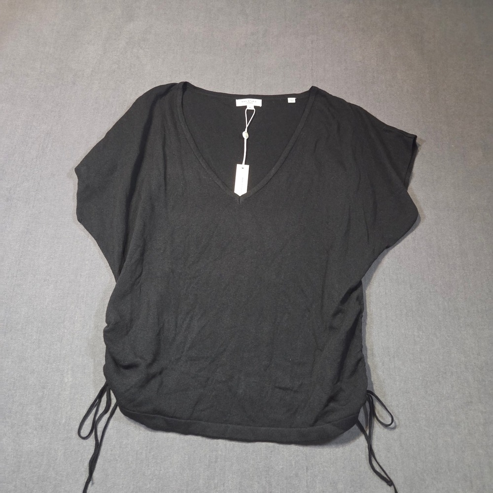 Max Studio London Knit Top Womens XL Black V-Neck Side Cinch Ruched Short Sleeve